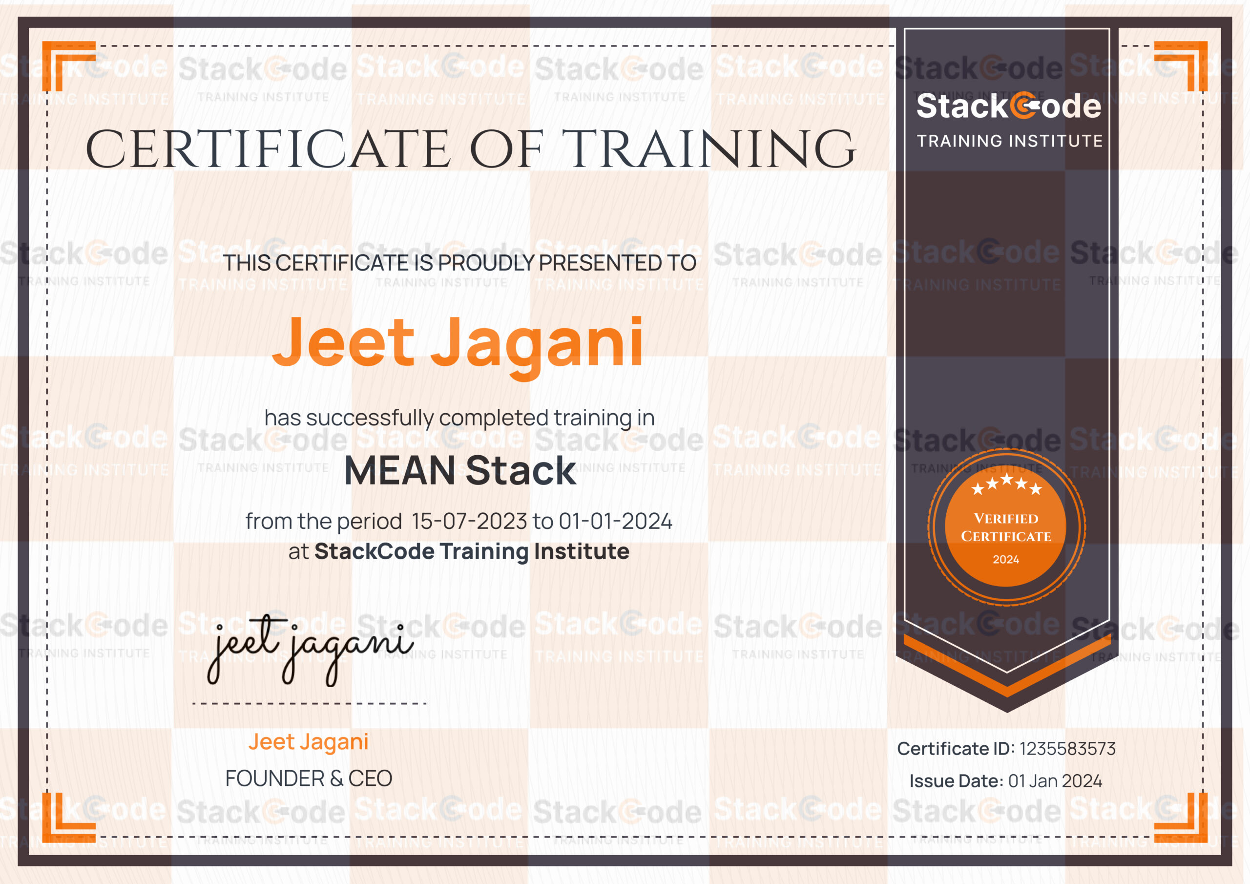 DevOps StackCode Training Institute certificate sample
